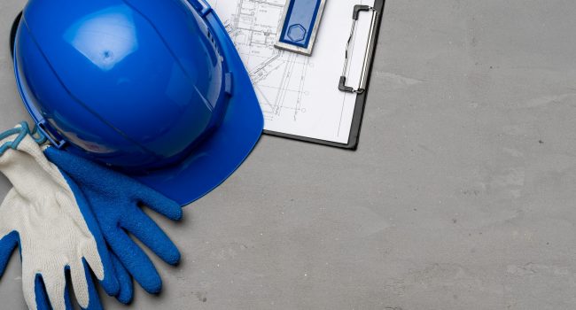 Hardhat, gloves and blueprints of a builder top view